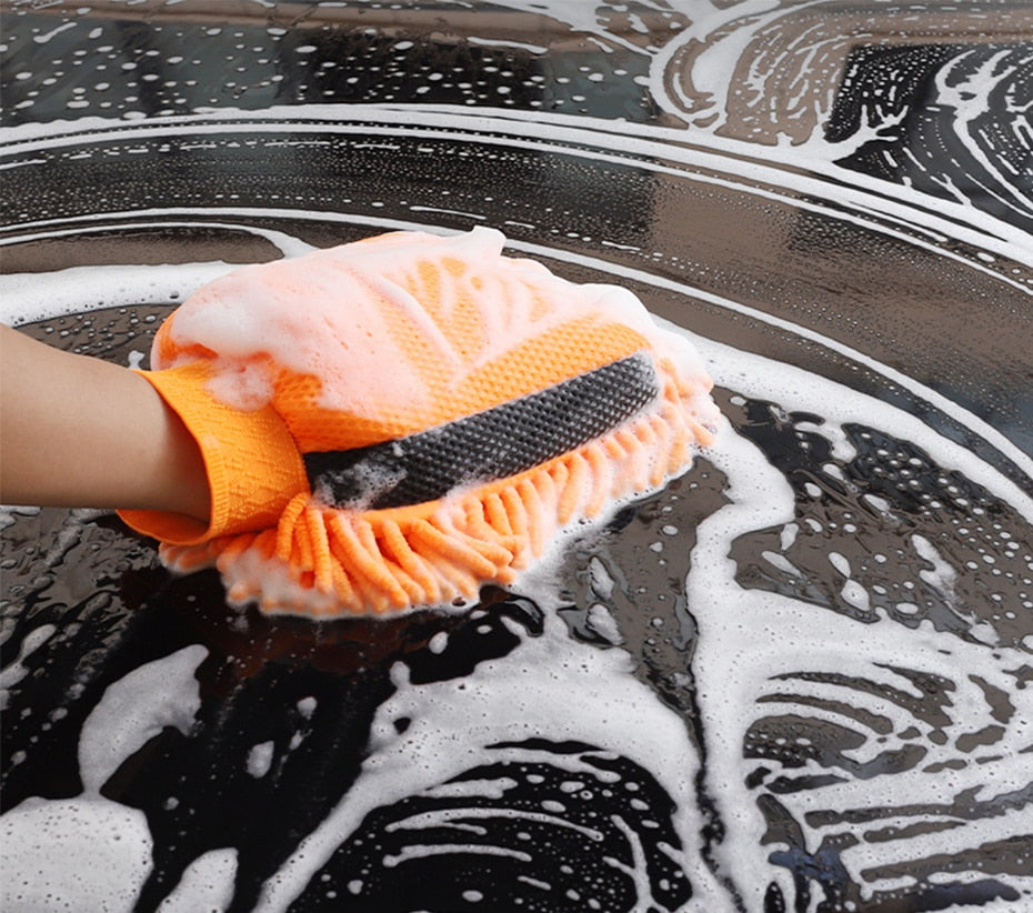 Double-Faced Car Wash Microfibre Mitt - orange washing car - Auto Prime Worx essential car detailing accessories