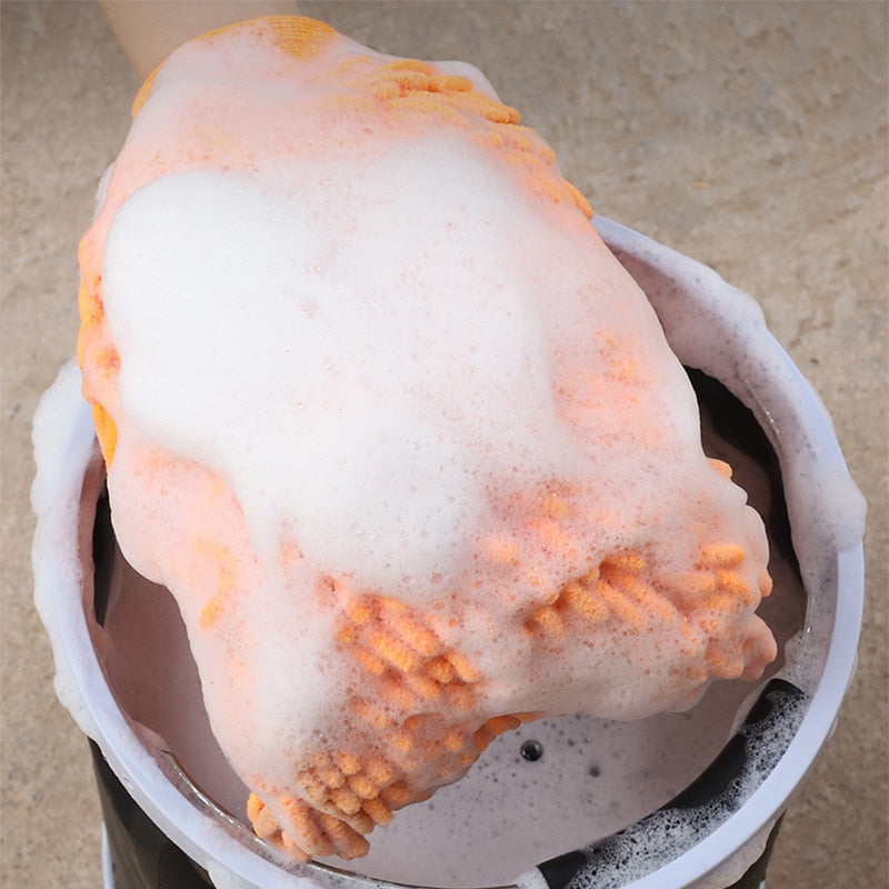 Double-Faced Car Wash Microfibre Mitt - orange in bucket - Auto Prime Worx essential car detailing accessories
